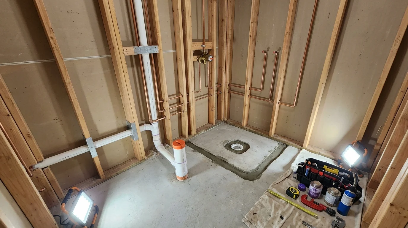 Bathroom rough-in plumbing during remodel by Johns Plumbing LLC in Chardon