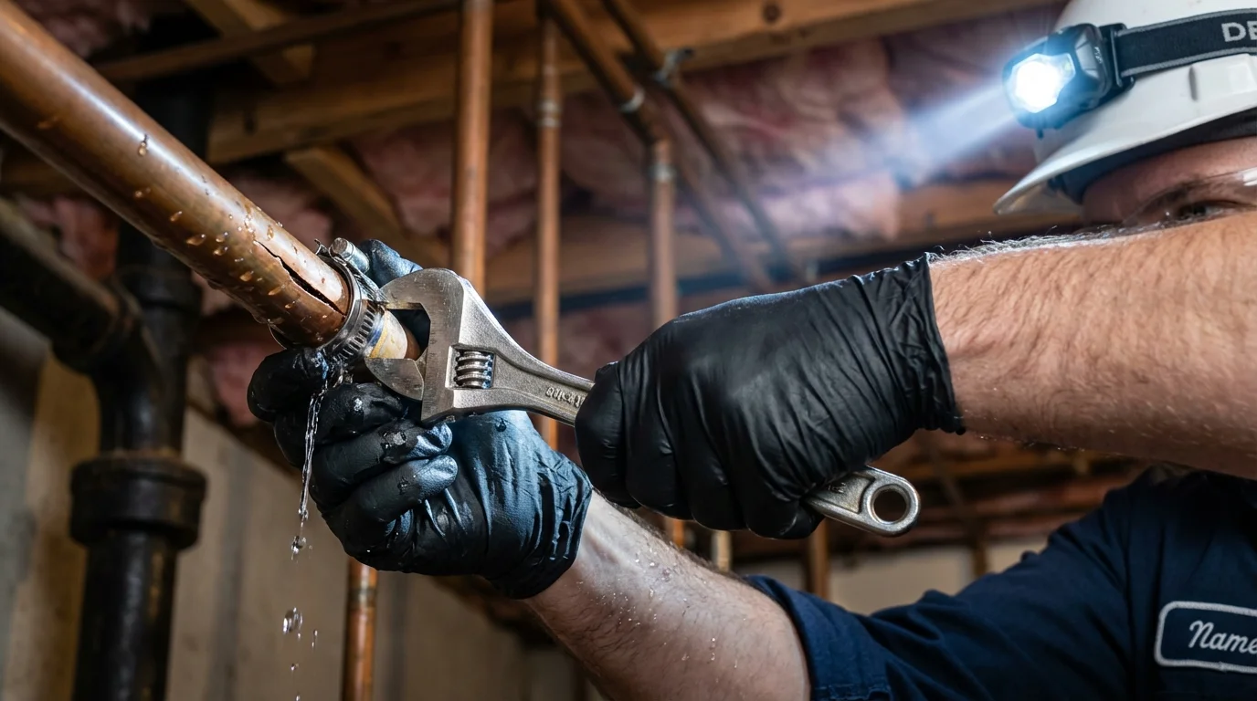 Emergency pipe clamp repair being performed by a Johns Plumbing LLC plumber in Chardon