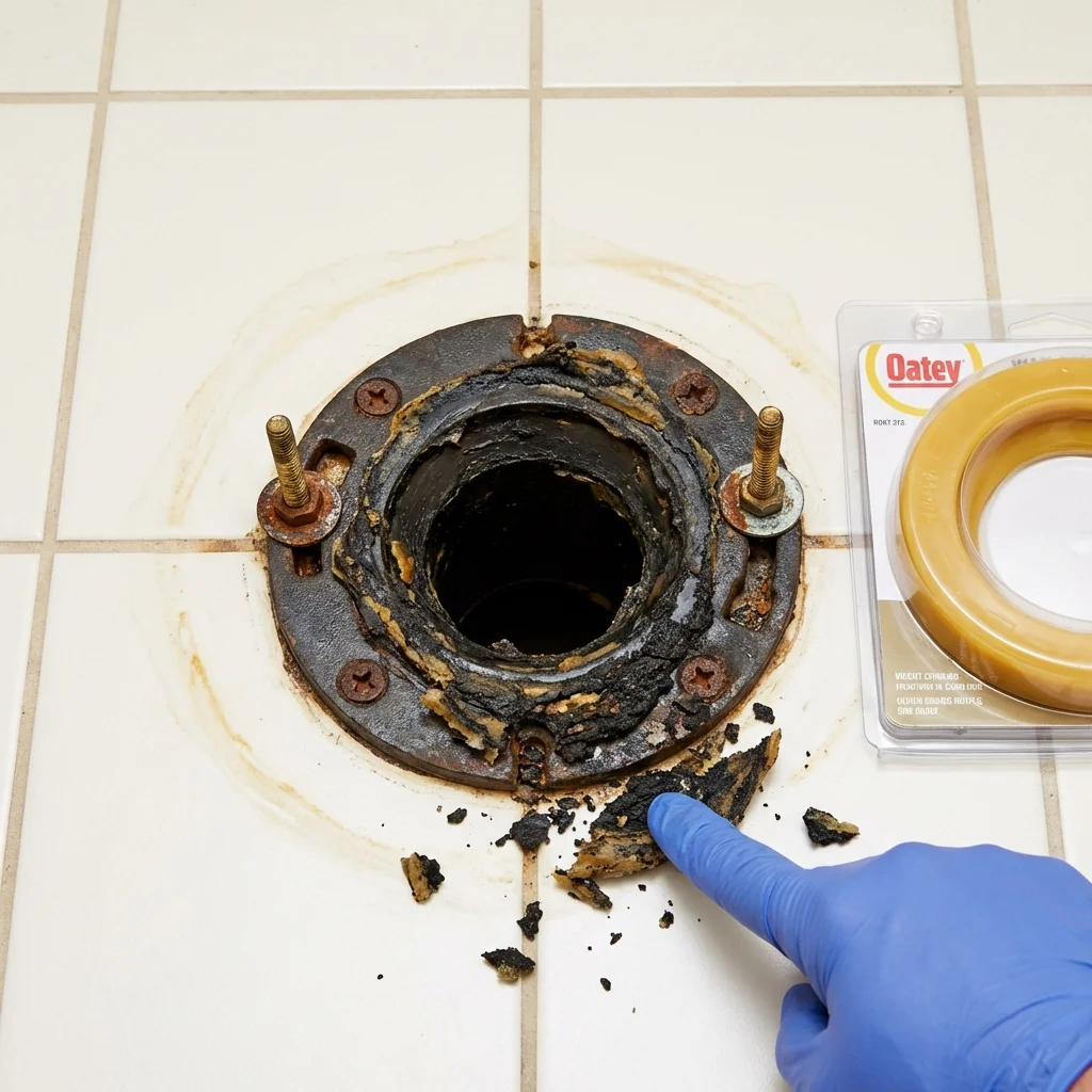 Failed wax ring showing water seepage at the base of a toilet in a Chardon, OH home