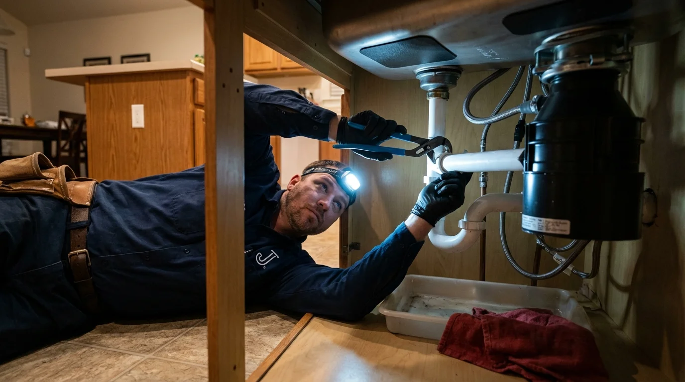 P-trap and supply line connections under a kitchen sink showing a common leak point in Chardon, OH